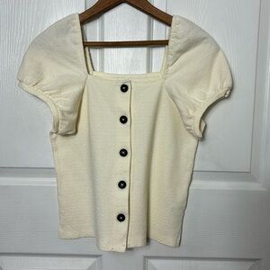 Madewell cream color jacquard square neck puff short sleeve button blouse SZ XXS